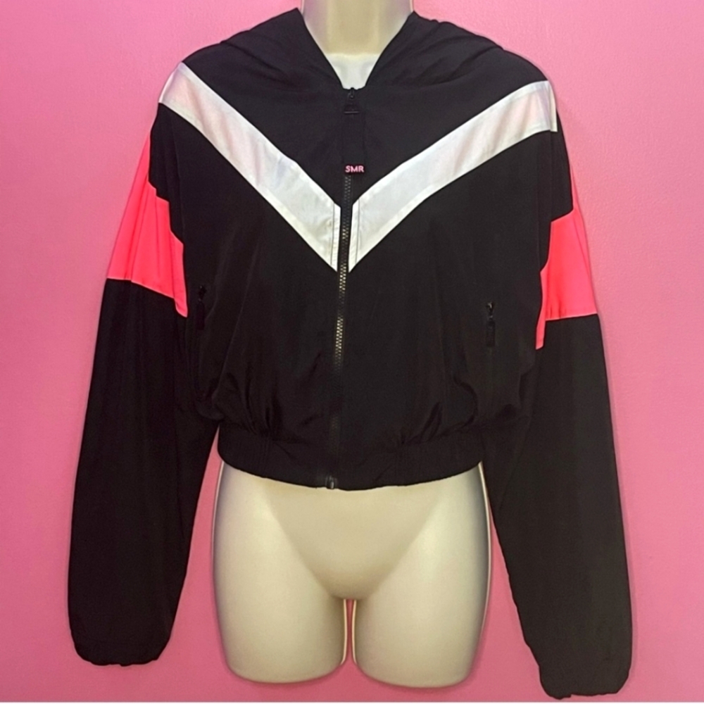 Black and Pink Bomber Jacket with Retro Color Blocking
